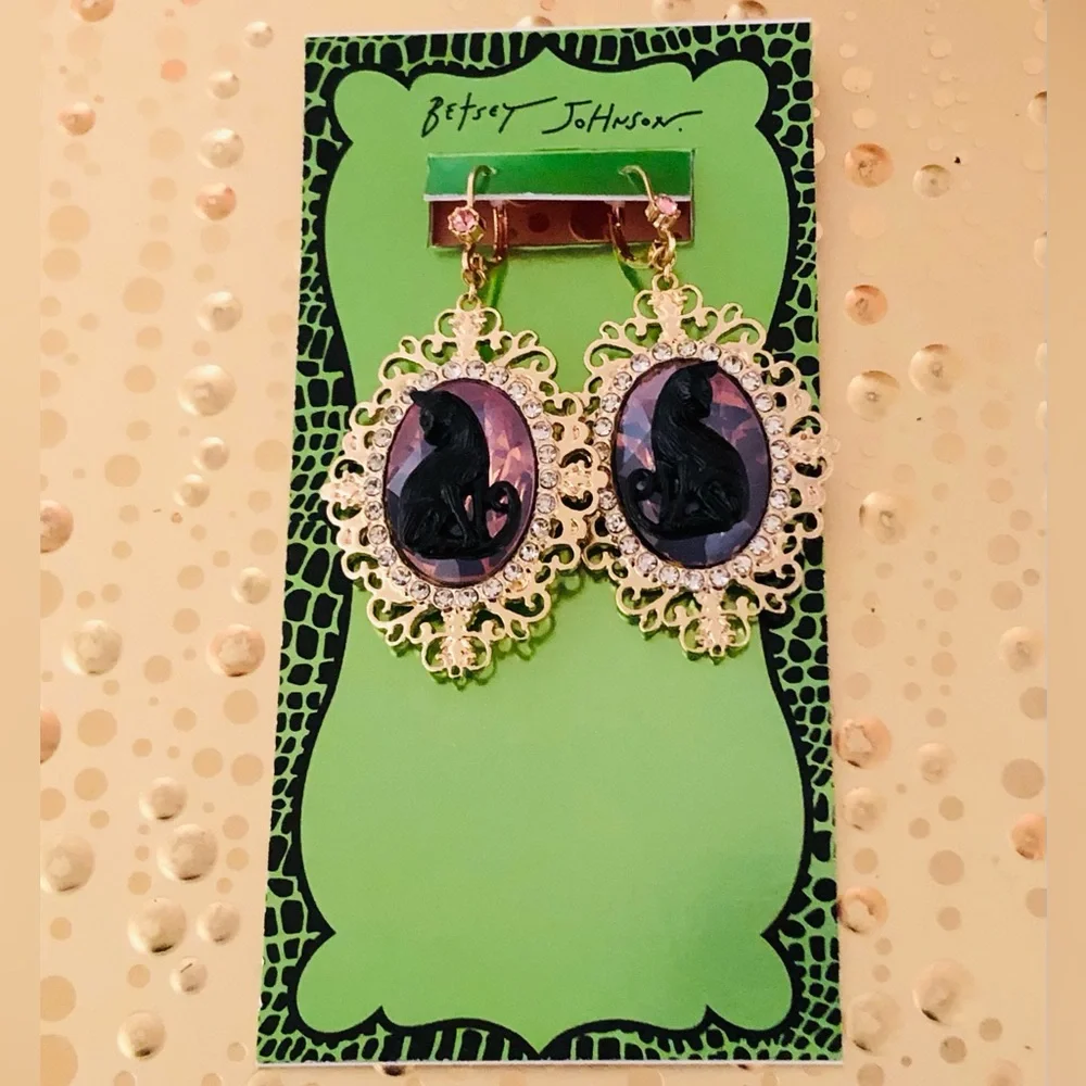 Authentic Betsey Johnson Earrings - Black Cat Gold Filigree Rhinestone Goth NWT
